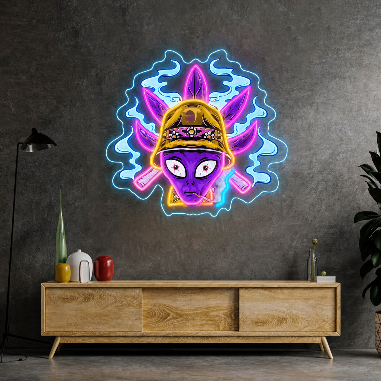 Alien Head LED Neon Sign with Hat and Leaf Design Funky Space Neon Light Wall Decor for Bedrooms Game Rooms Bars