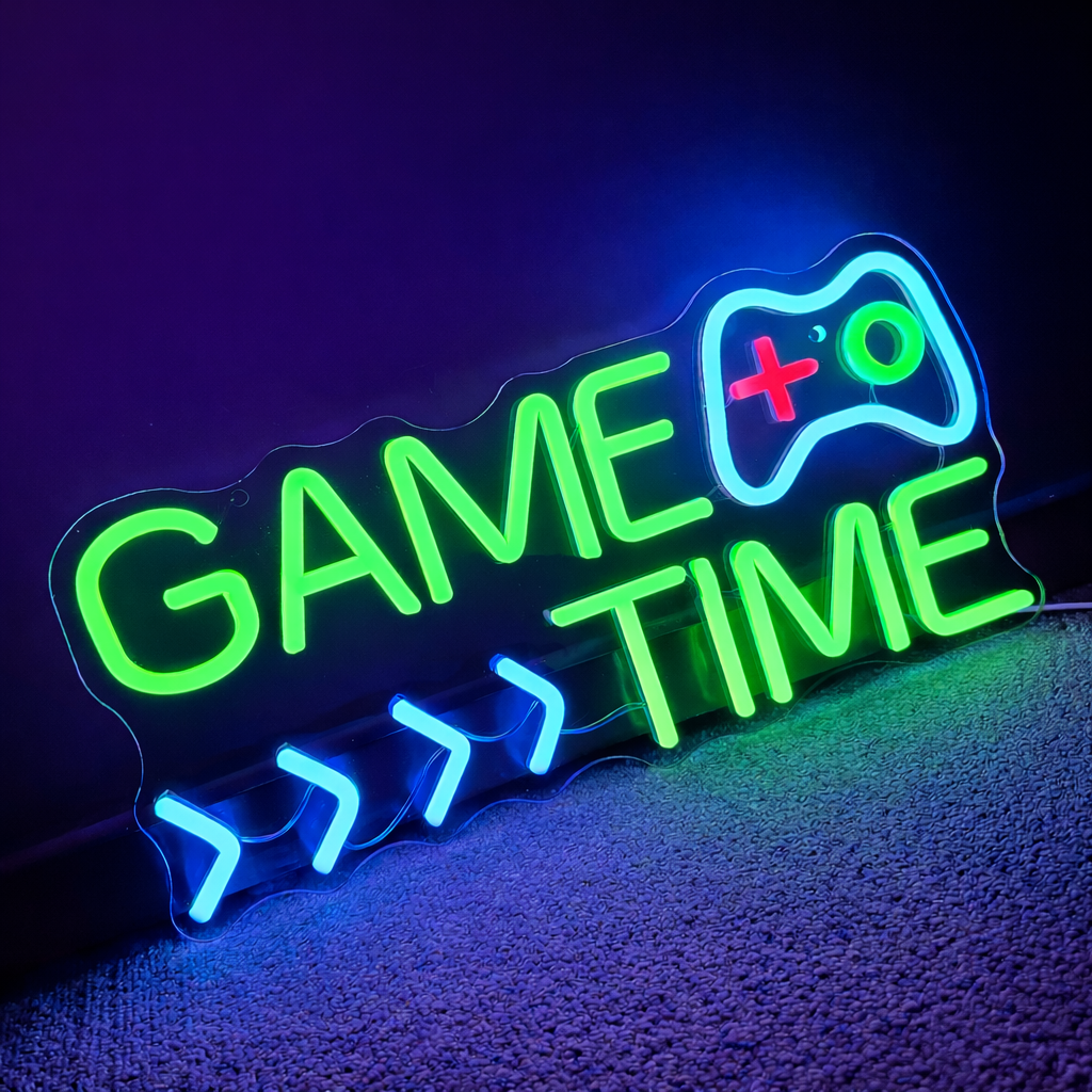 Game Time LED Neon Sign with Controller Design for Gaming Room, Stream Setup & Gamer Decor