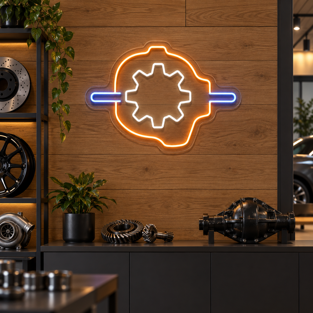 Differential Gear and Axle LED Neon Sign for Transmission Shops - interior setting