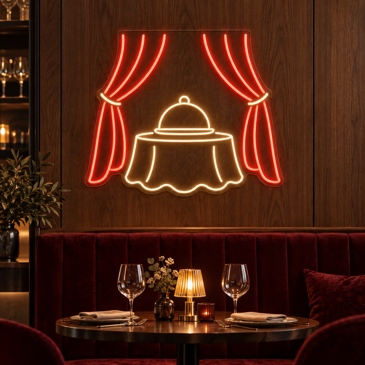 Cloche & Stage Curtains LED Neon Sign for Dinner Theaters - interior setting
