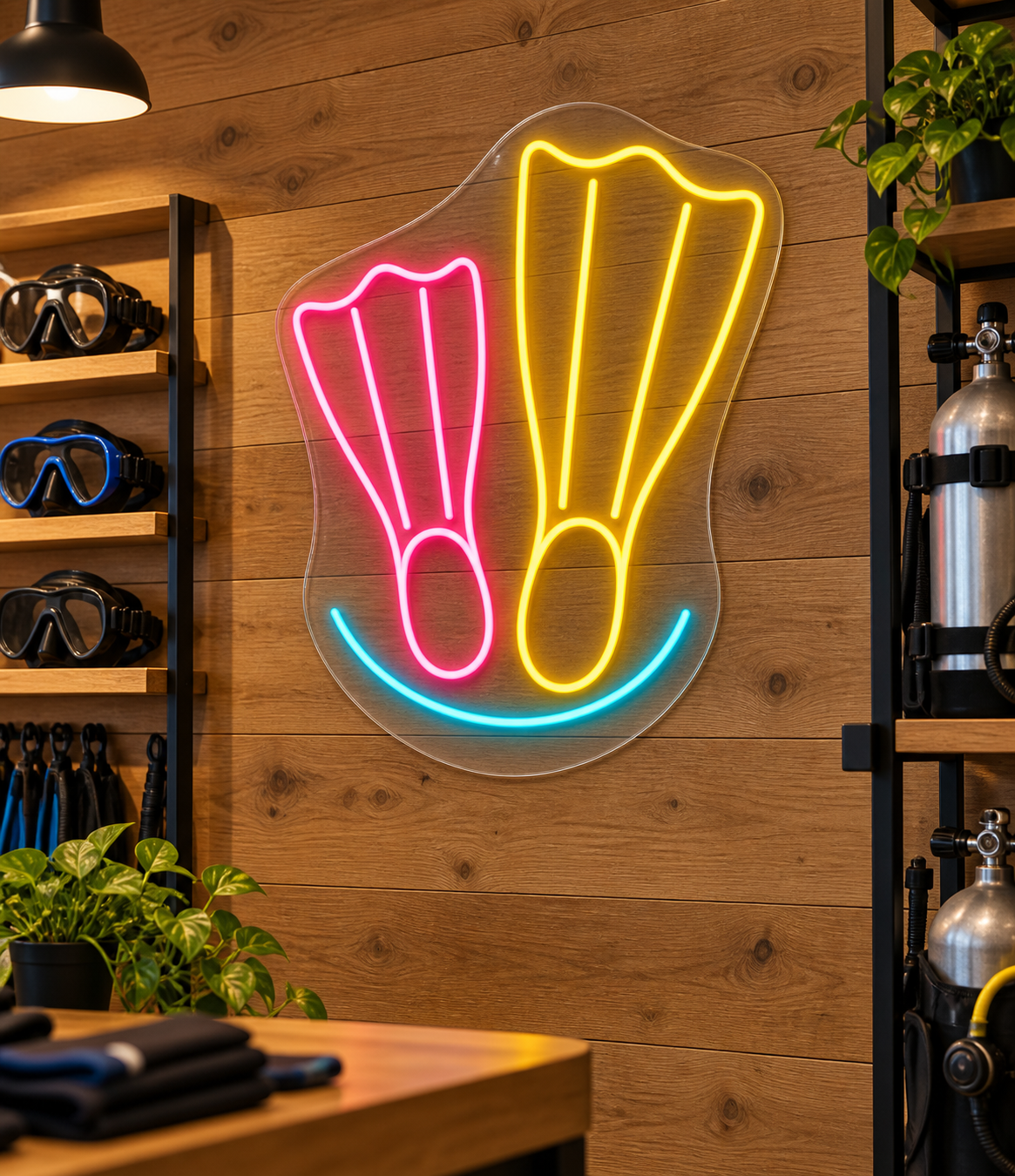 Diving Fins LED Neon Sign for Dive Shops - interior setting