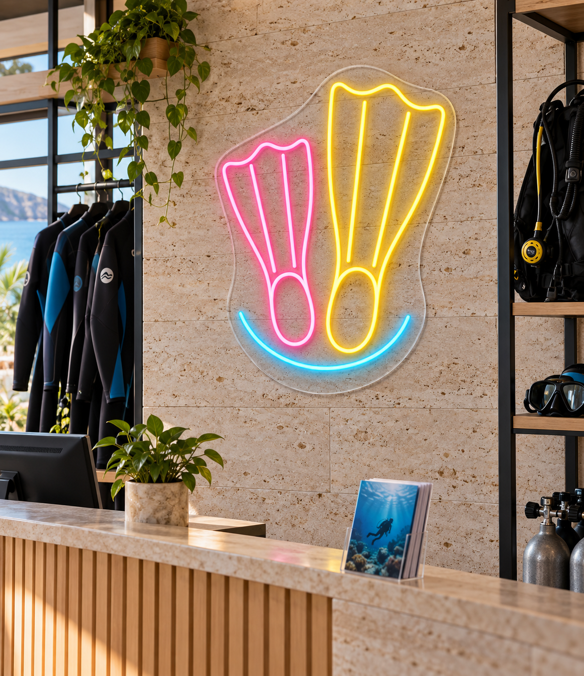 Diving Fins LED Neon Sign for Dive Shops - interior setting
