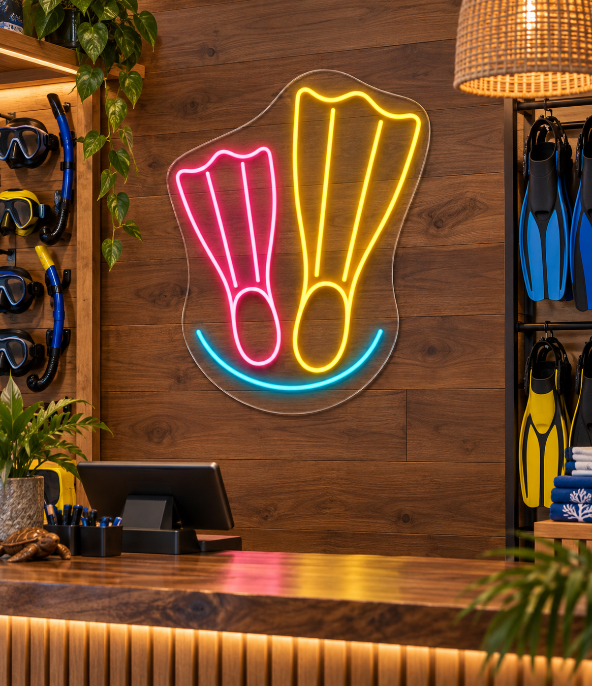 Diving Fins LED Neon Sign for Dive Shops - interior setting