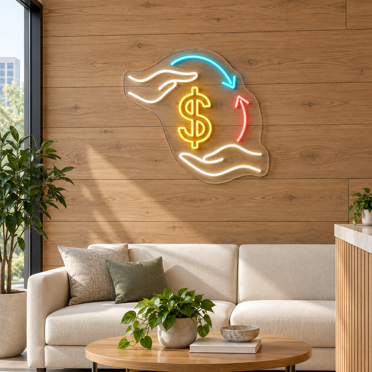 Dollar Exchange & Hands LED Neon Sign for Currency Exchanges - interior setting