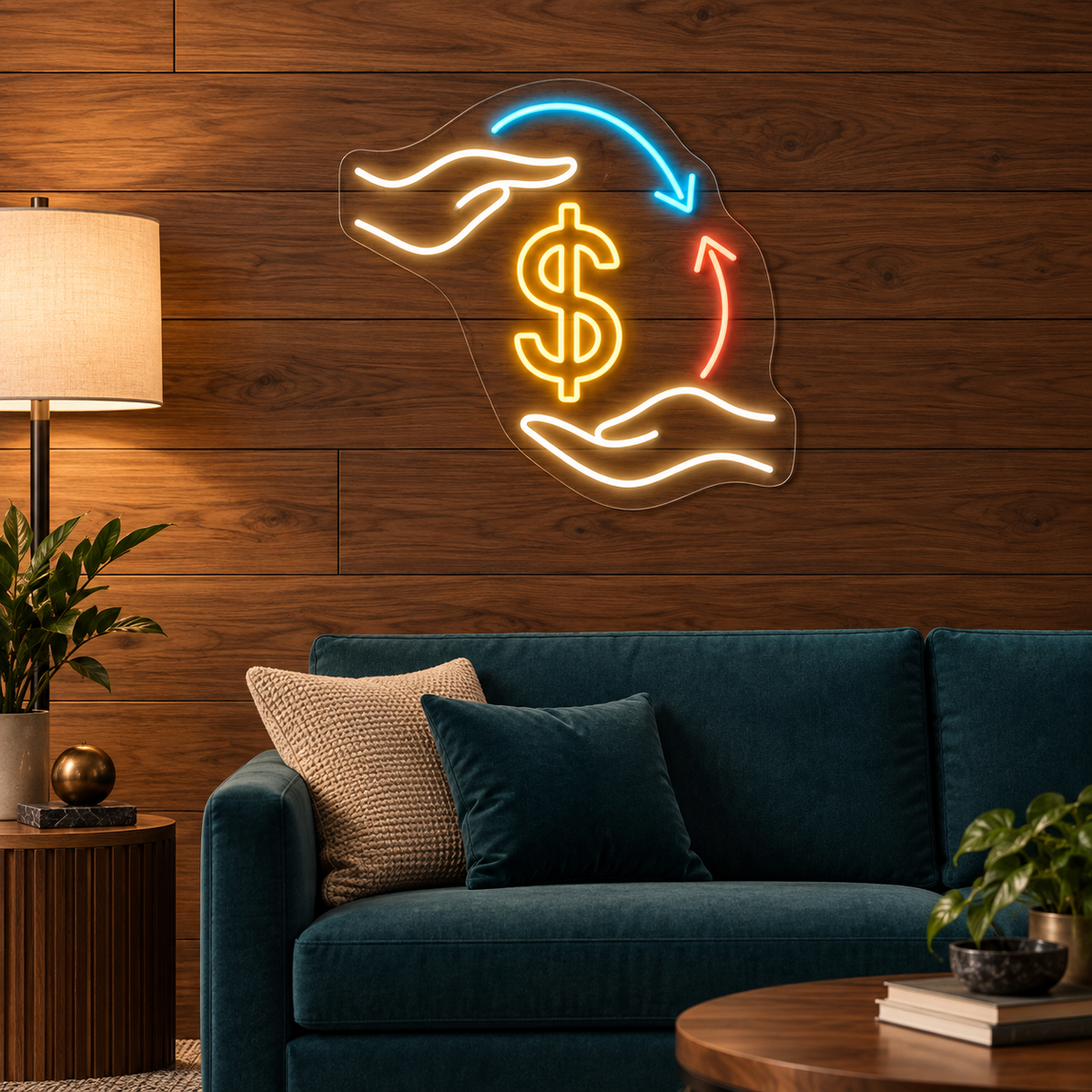 Dollar Exchange & Hands LED Neon Sign for Currency Exchanges - interior setting