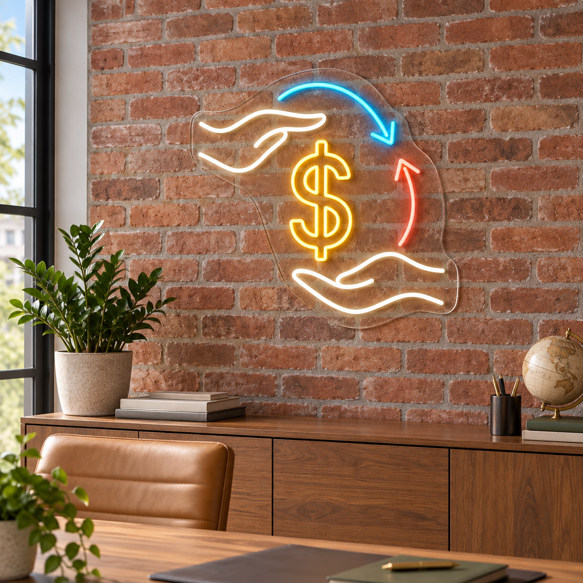 Dollar Exchange & Hands LED Neon Sign for Currency Exchanges - interior setting