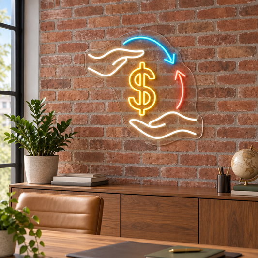 Dollar Exchange & Hands LED Neon Sign for Currency Exchanges - interior setting