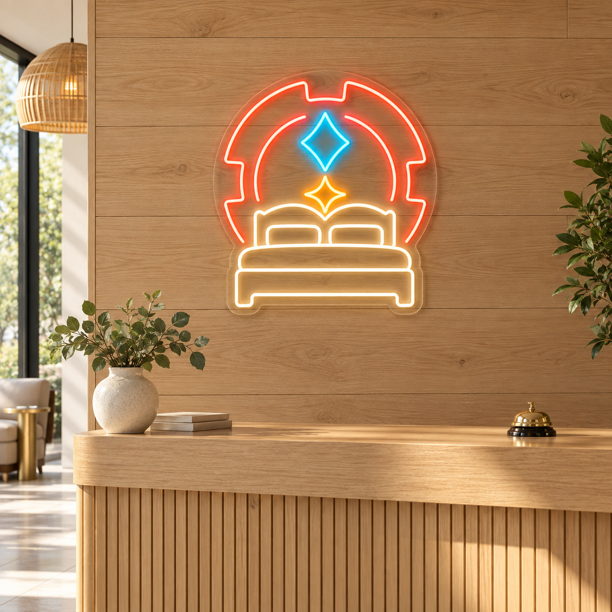 Double Bed & Sparkles LED Neon Sign for Casino Hotels - interior setting