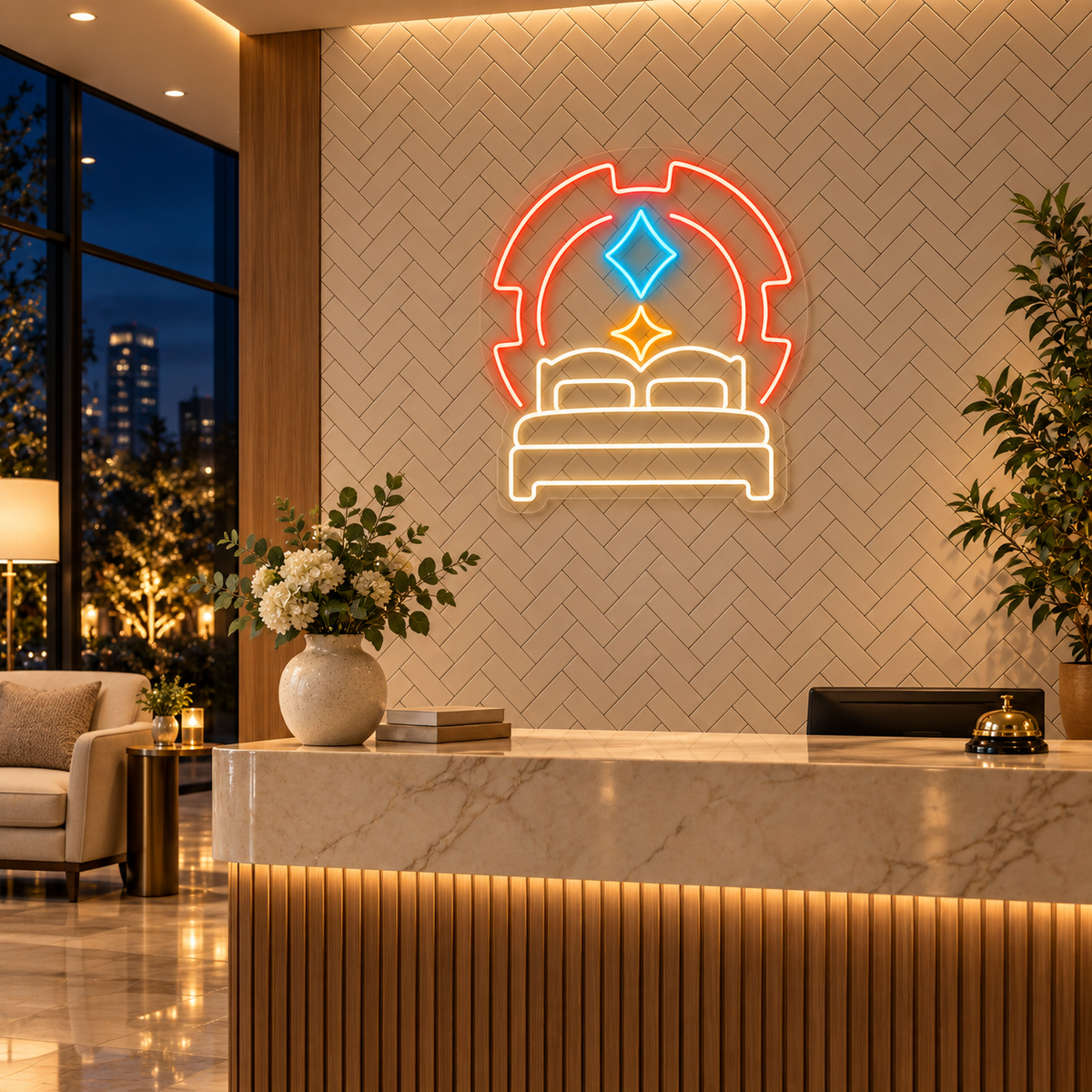 Double Bed & Sparkles LED Neon Sign for Casino Hotels - interior setting