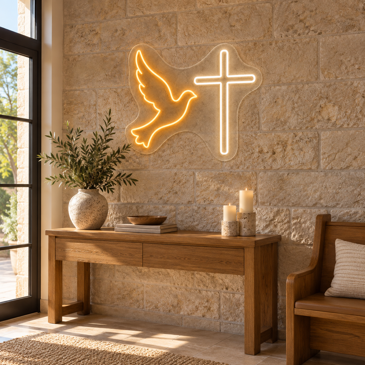 Dove and Cross LED Neon Sign for Faith-Inspired Spaces - interior setting