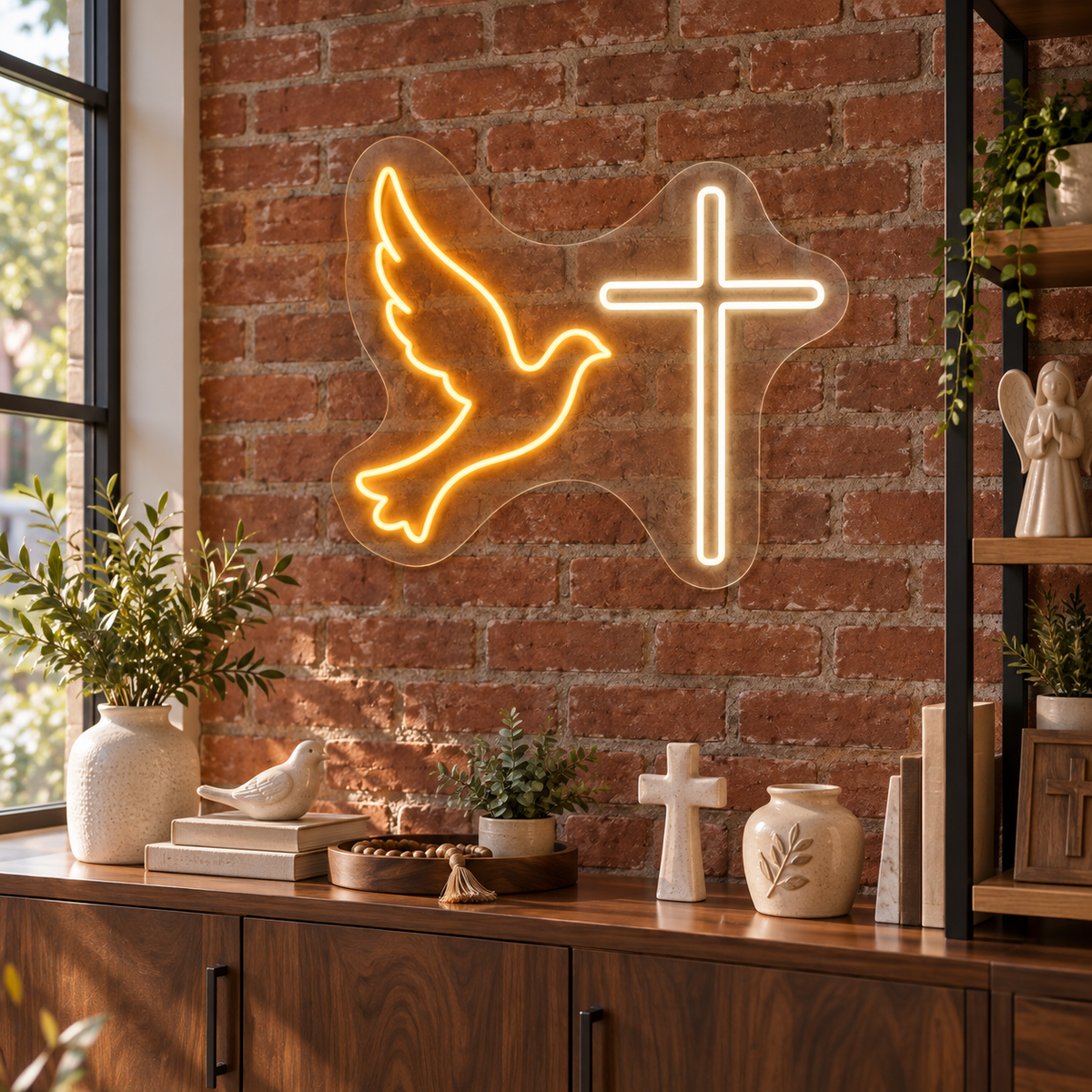 Dove and Cross LED Neon Sign for Faith-Inspired Spaces - interior setting