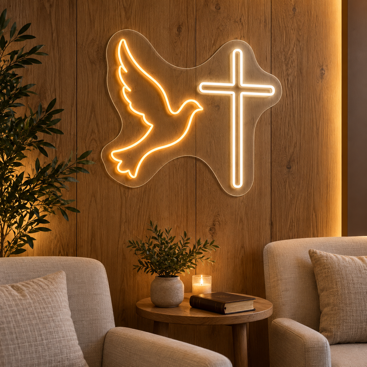 Dove and Cross LED Neon Sign for Faith-Inspired Spaces - interior setting