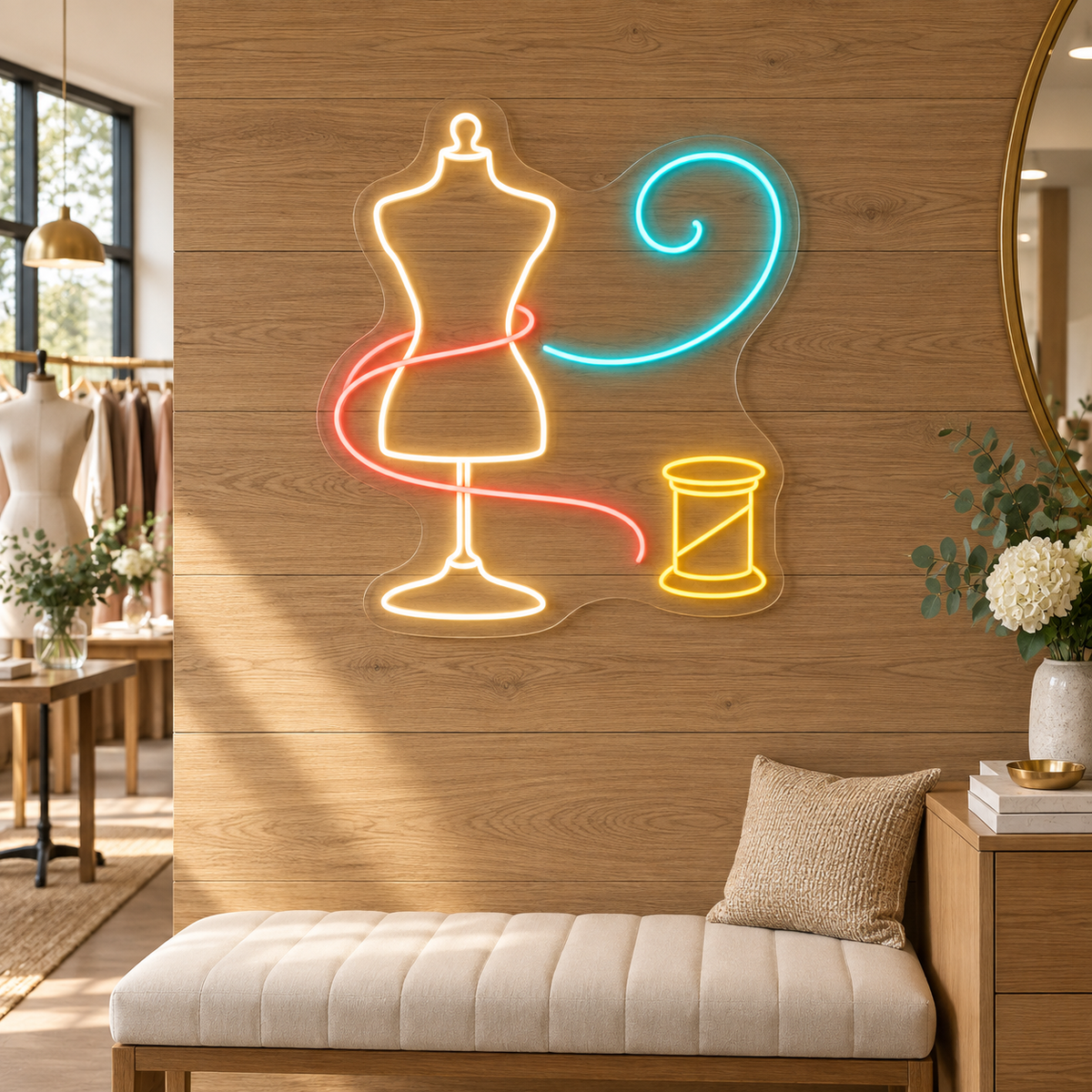 Dressmaker Mannequin & Thread Spool LED Neon Sign for Sewing Schools - interior setting