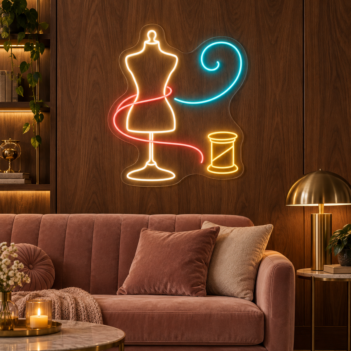 Dressmaker Mannequin & Thread Spool LED Neon Sign for Sewing Schools - interior setting