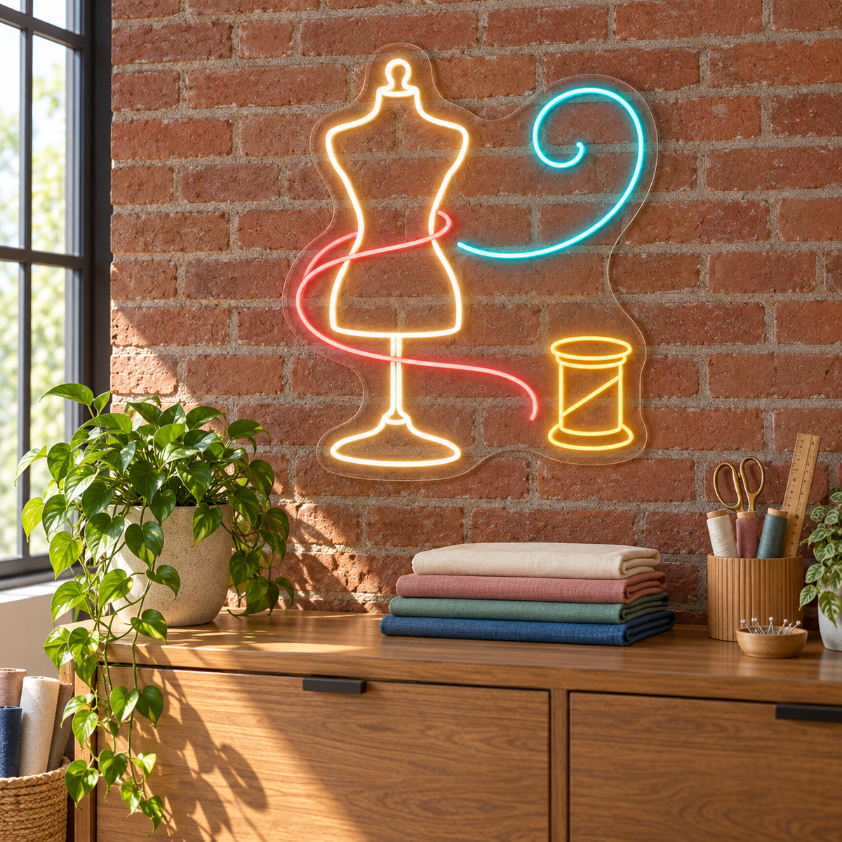Dressmaker Mannequin & Thread Spool LED Neon Sign for Sewing Schools - interior setting