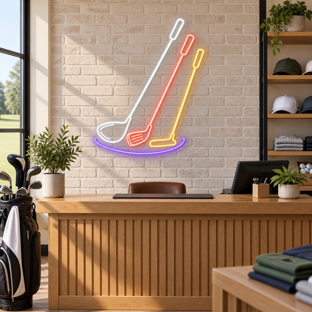 Three Golf Clubs LED Neon Sign for Golf Pro Shops - interior setting