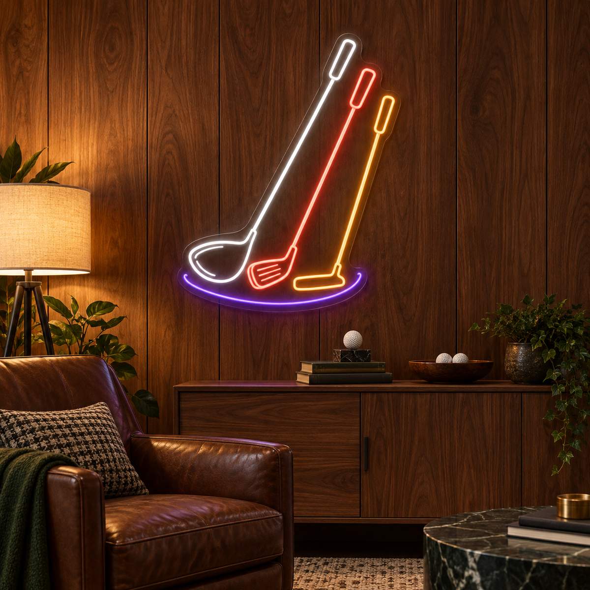 Three Golf Clubs LED Neon Sign for Golf Pro Shops - interior setting