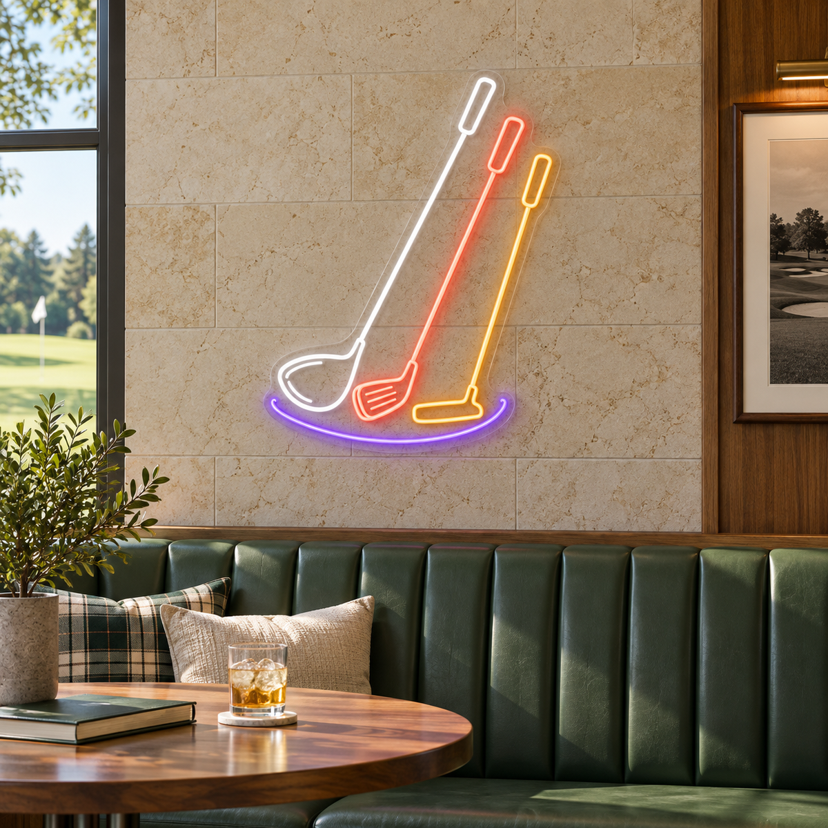 Three Golf Clubs LED Neon Sign for Golf Pro Shops - interior setting