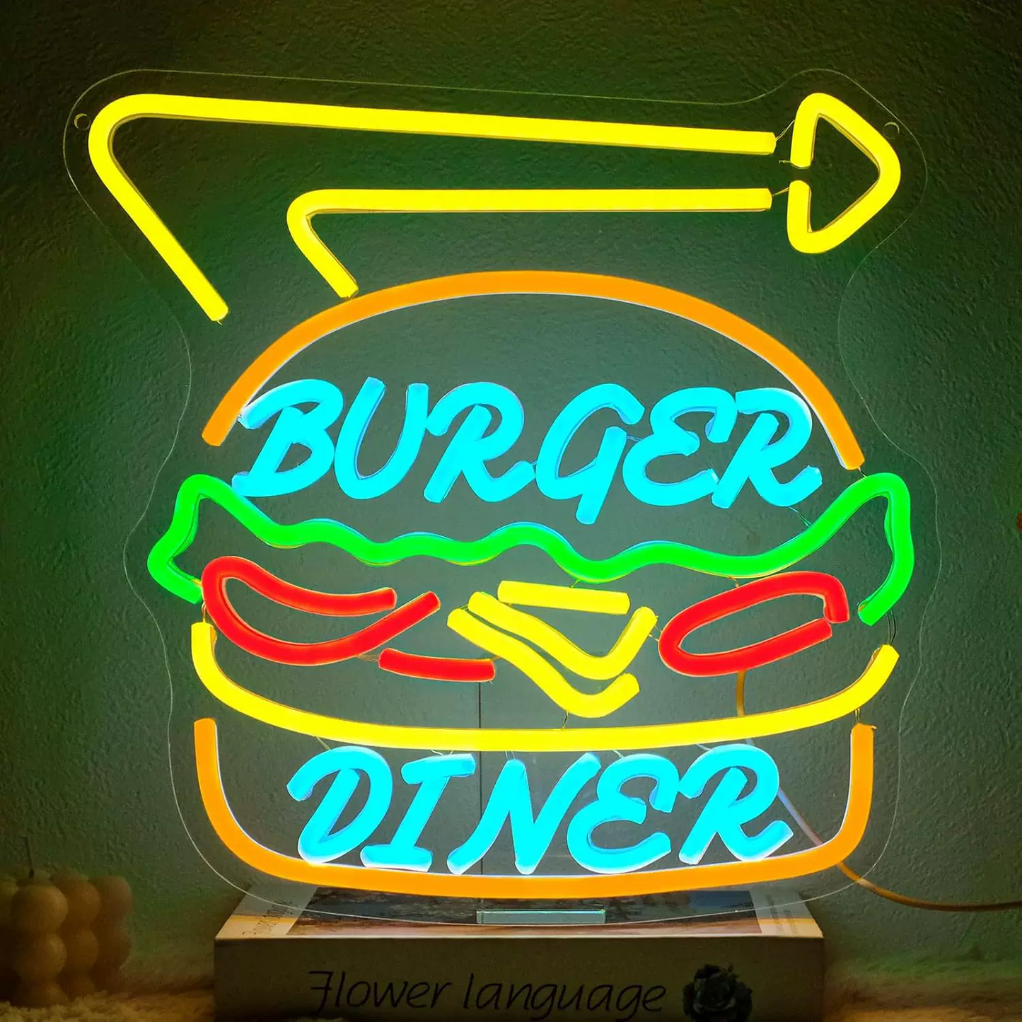 Burger Diner LED Neon Sign Retro Hamburger Neon Light Wall Decor for Restaurant Cafe Bar Kitchen