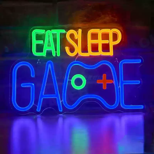 Eat Sleep Game LED Neon Sign with Controller Design for Gaming Room & Stream Setup
