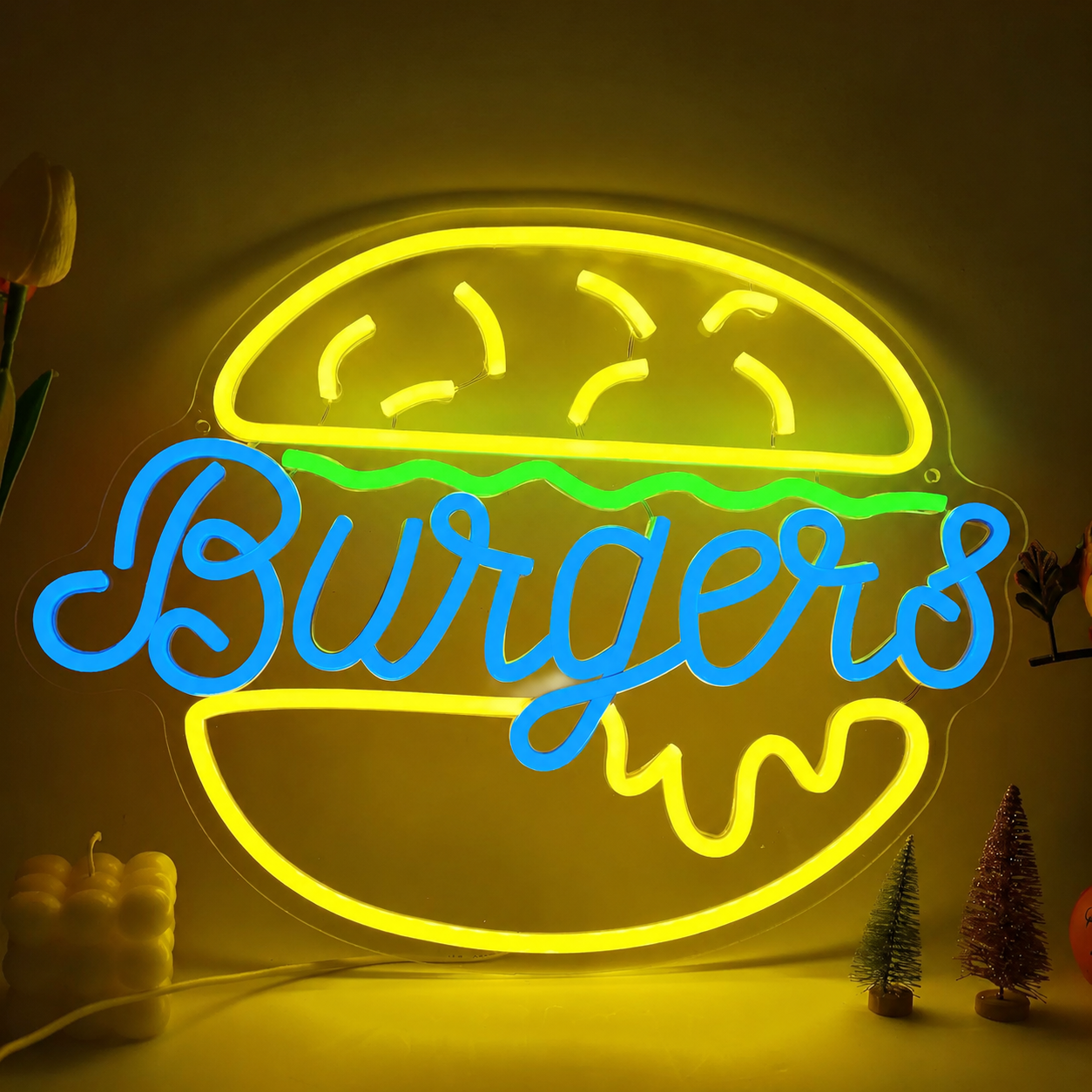 Burgers LED Neon Sign Hamburger Neon Light Wall Decor for Restaurant Cafe Kitchen Bar