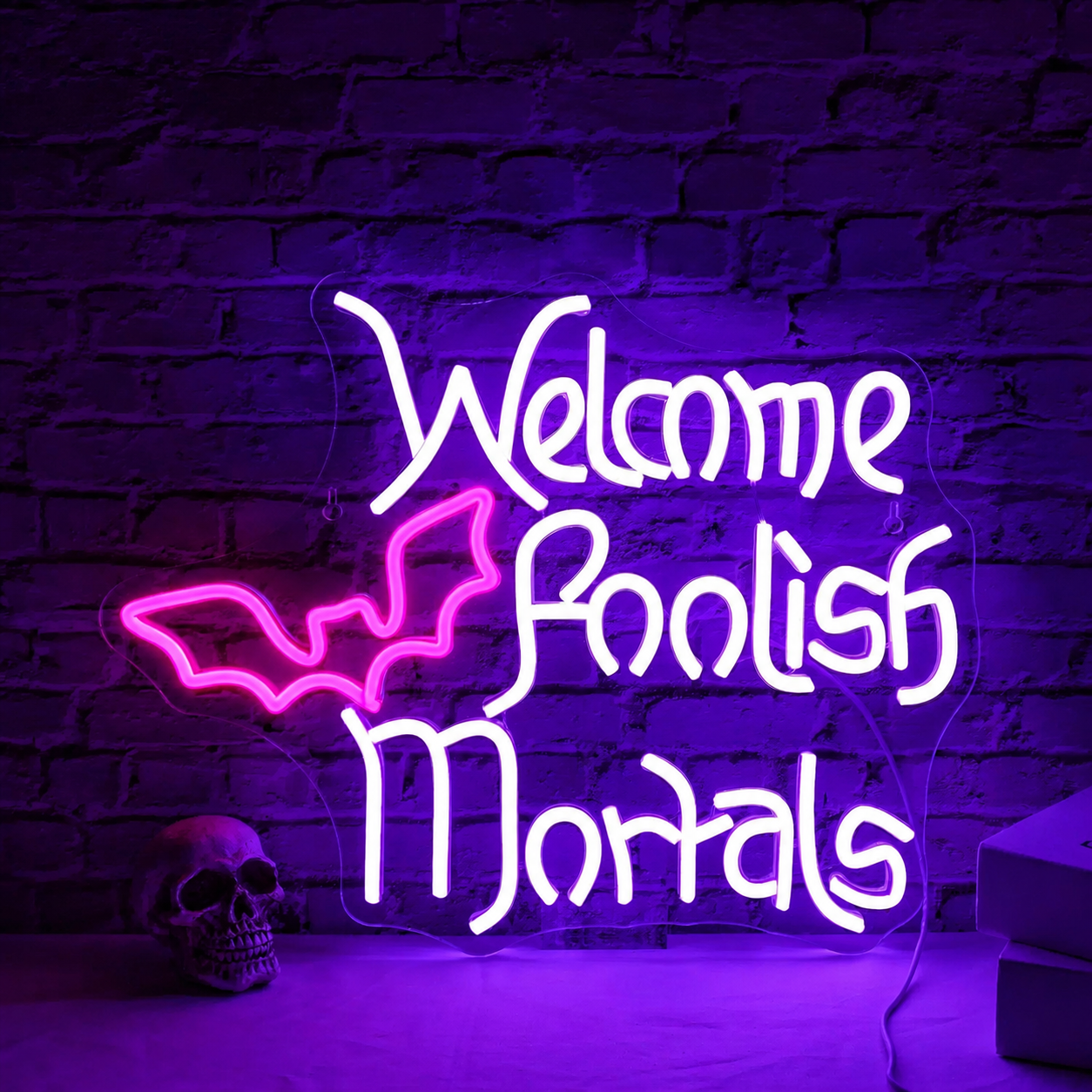 Welcome Foolish Mortals LED Neon Sign Bat Halloween Neon Light Wall Decor for Party Bar Haunted House