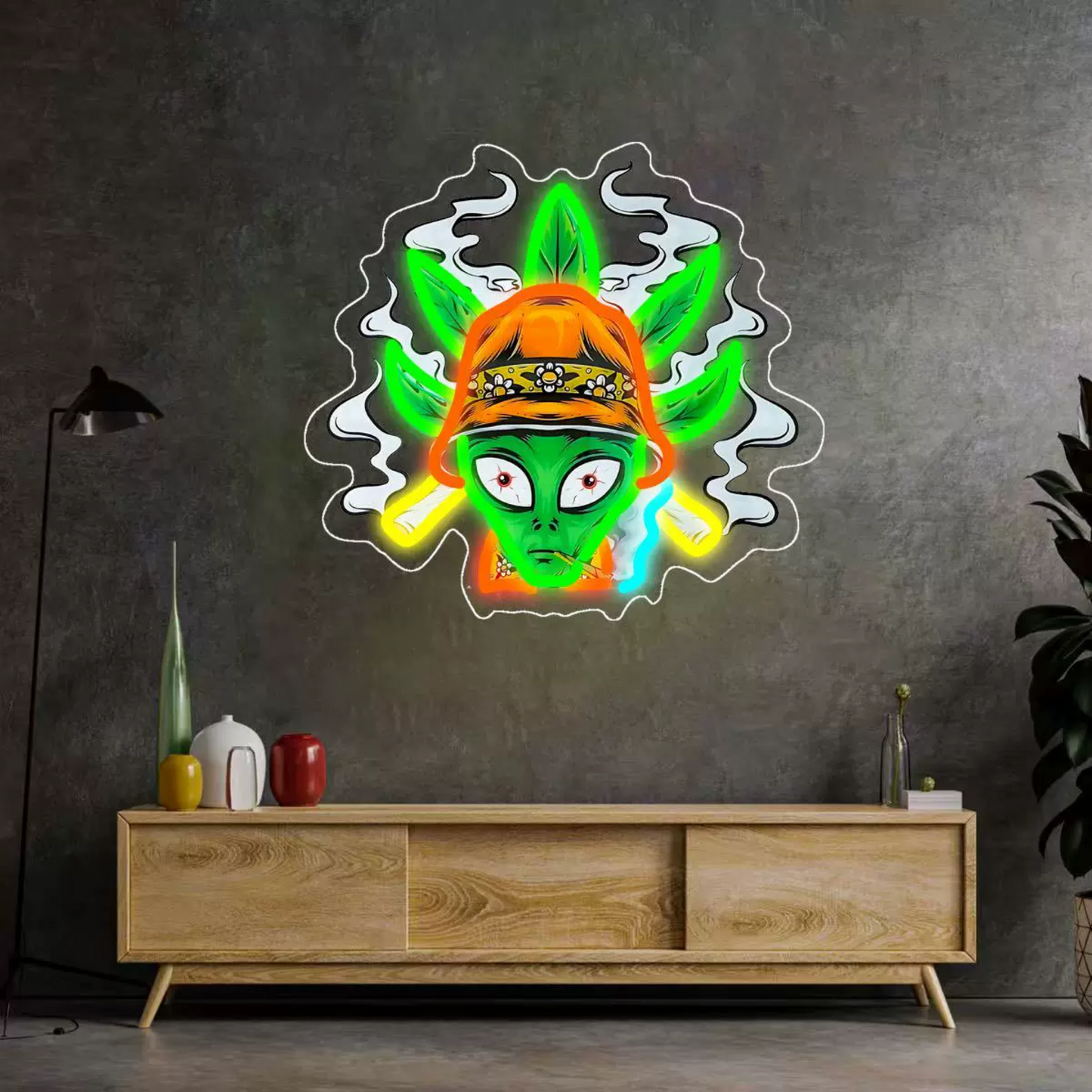 Alien Head LED Neon Sign with Hat and Leaf Design Funky Space Neon Light Wall Decor for Bedrooms Game Rooms Bars