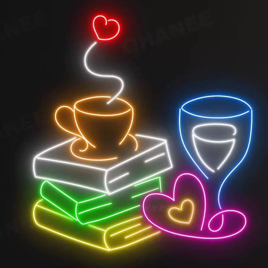 Books Coffee & Wine LED Neon Sign Colorful Stack Books Cup Glass Romantic Wall Light for Bedroom Cafe Bar Decor