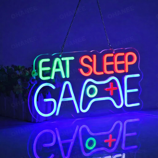Eat Sleep Game LED Neon Sign with Controller Design for Gaming Room & Streamer Setup