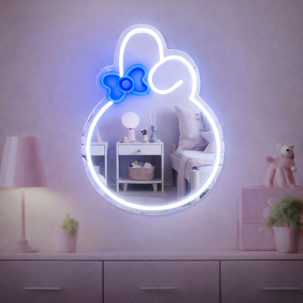 Cute Bunny LED Neon Mirror Sign for Kids Room Bedroom Vanity Decor