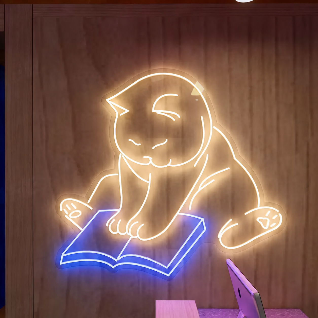 Cute Cat Reading Book LED Neon Sign Cartoon Kitty Wall Decor Light for Bedroom Kids Room Study