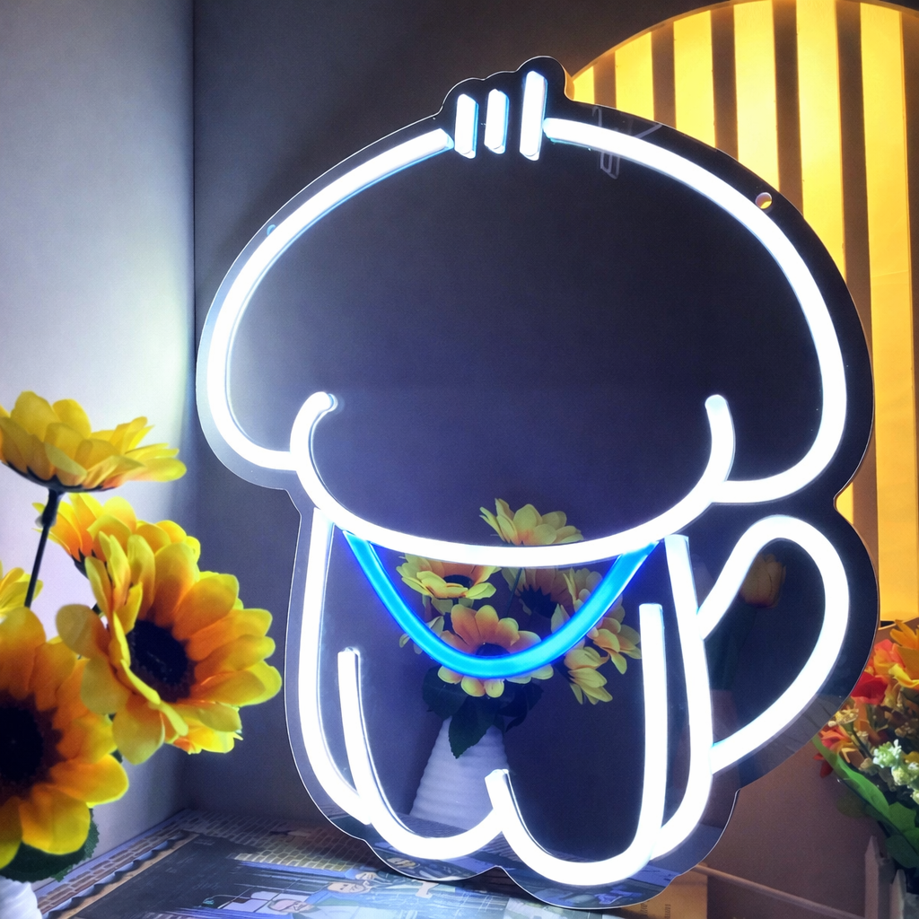 Cute Cartoon Bear LED Neon Mirror Sign for Kids Room Bedroom Wall Decor