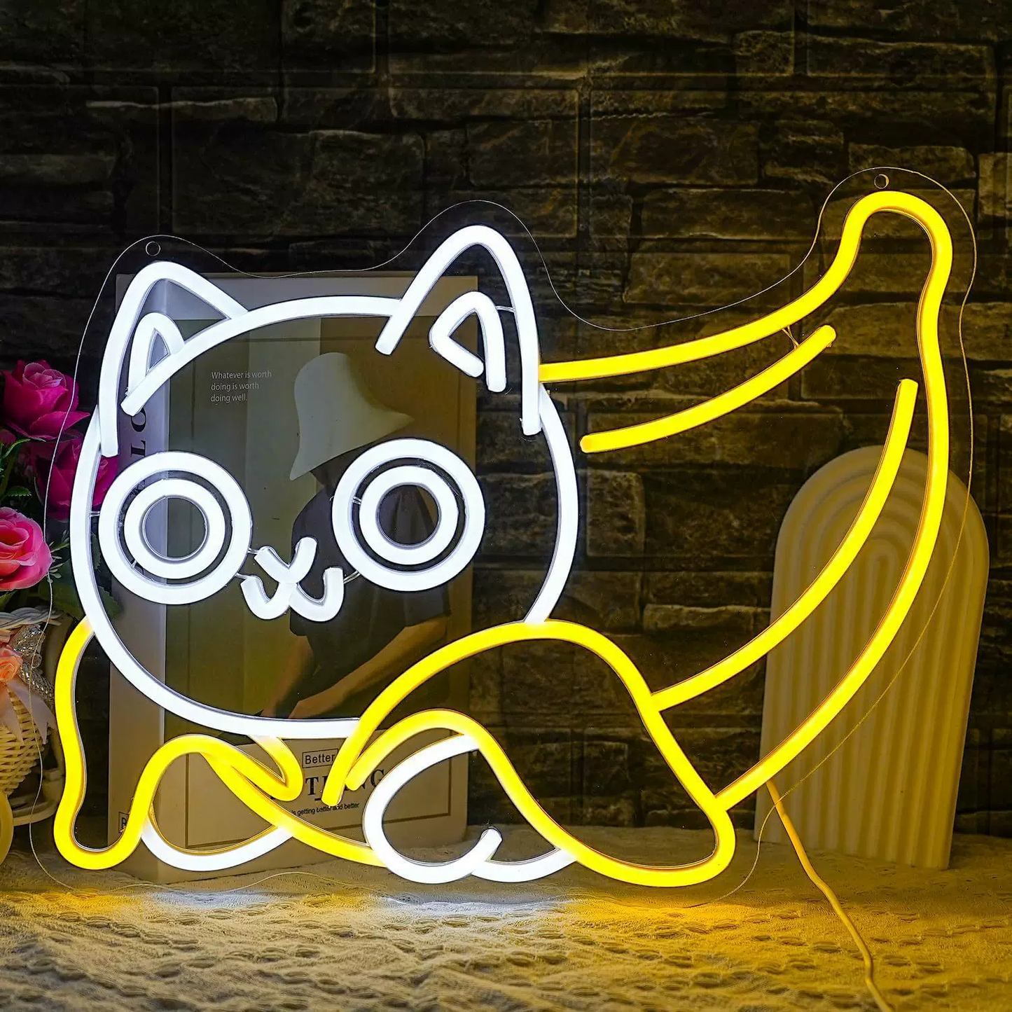 Banana Cat LED Neon Sign Yellow White Cute Cat Neon Light Wall Decor for Bedroom Kids Room