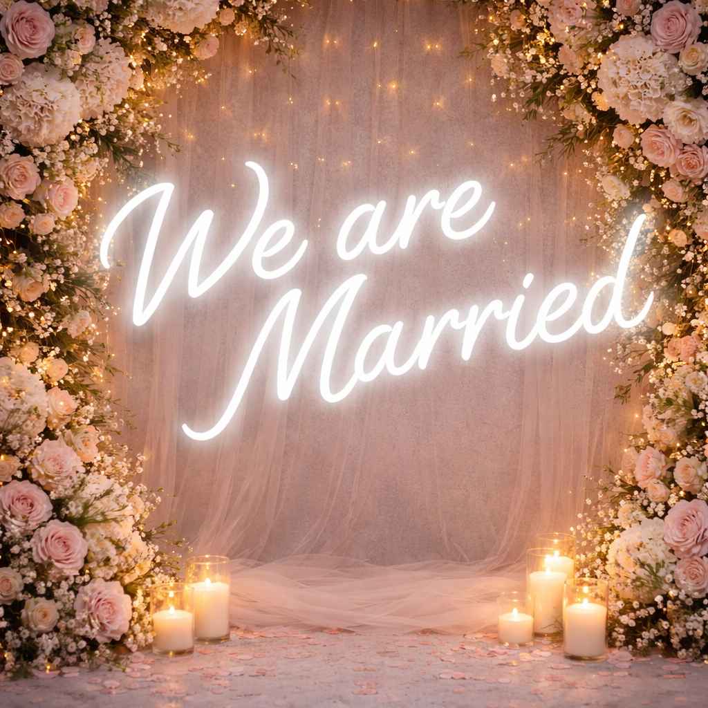 We Are Married Warm White LED Neon Sign Romantic Wedding Backdrop Light for Reception Decor