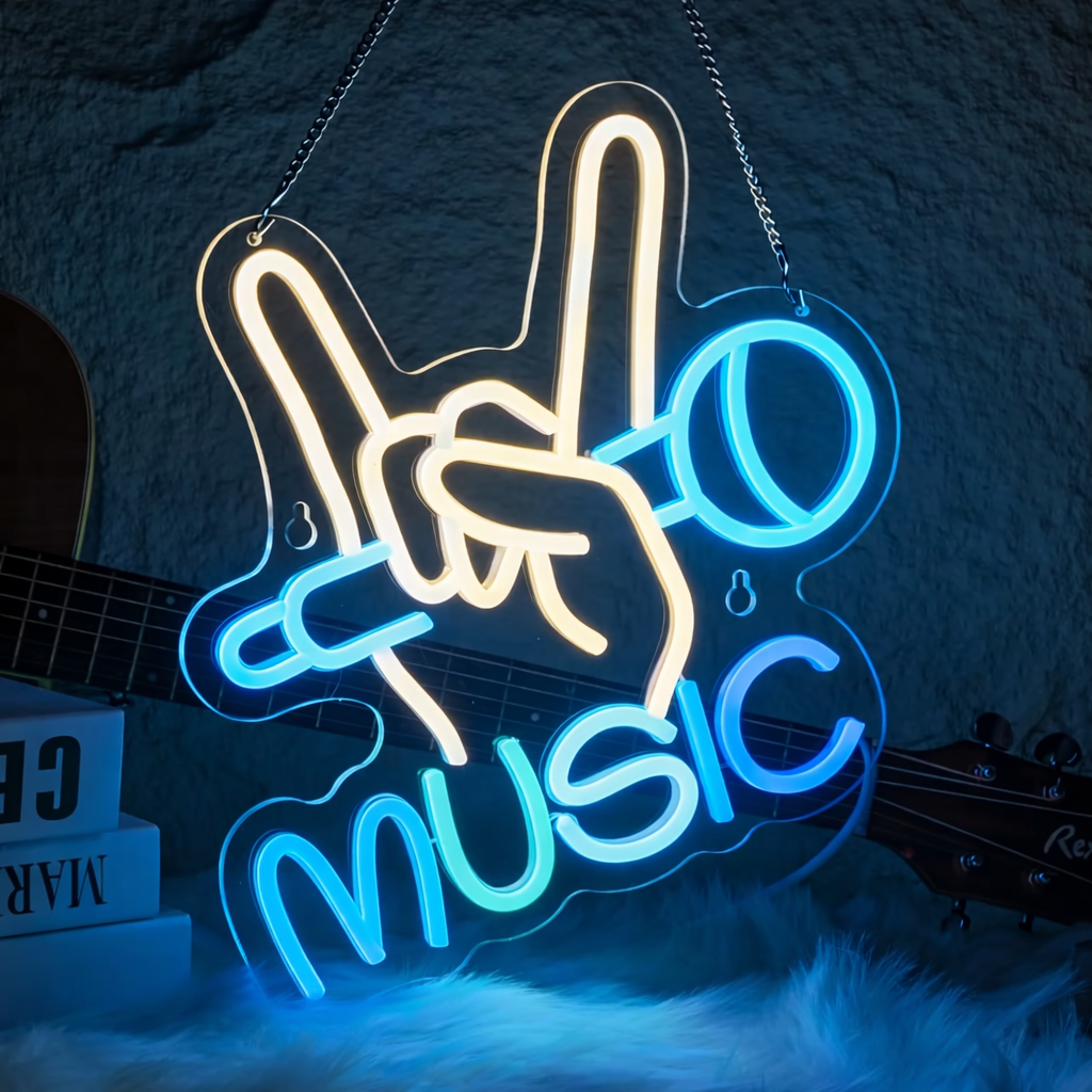 Music LED Neon Sign Rock Hand Microphone Neon Light for Bar Studio Room Decor