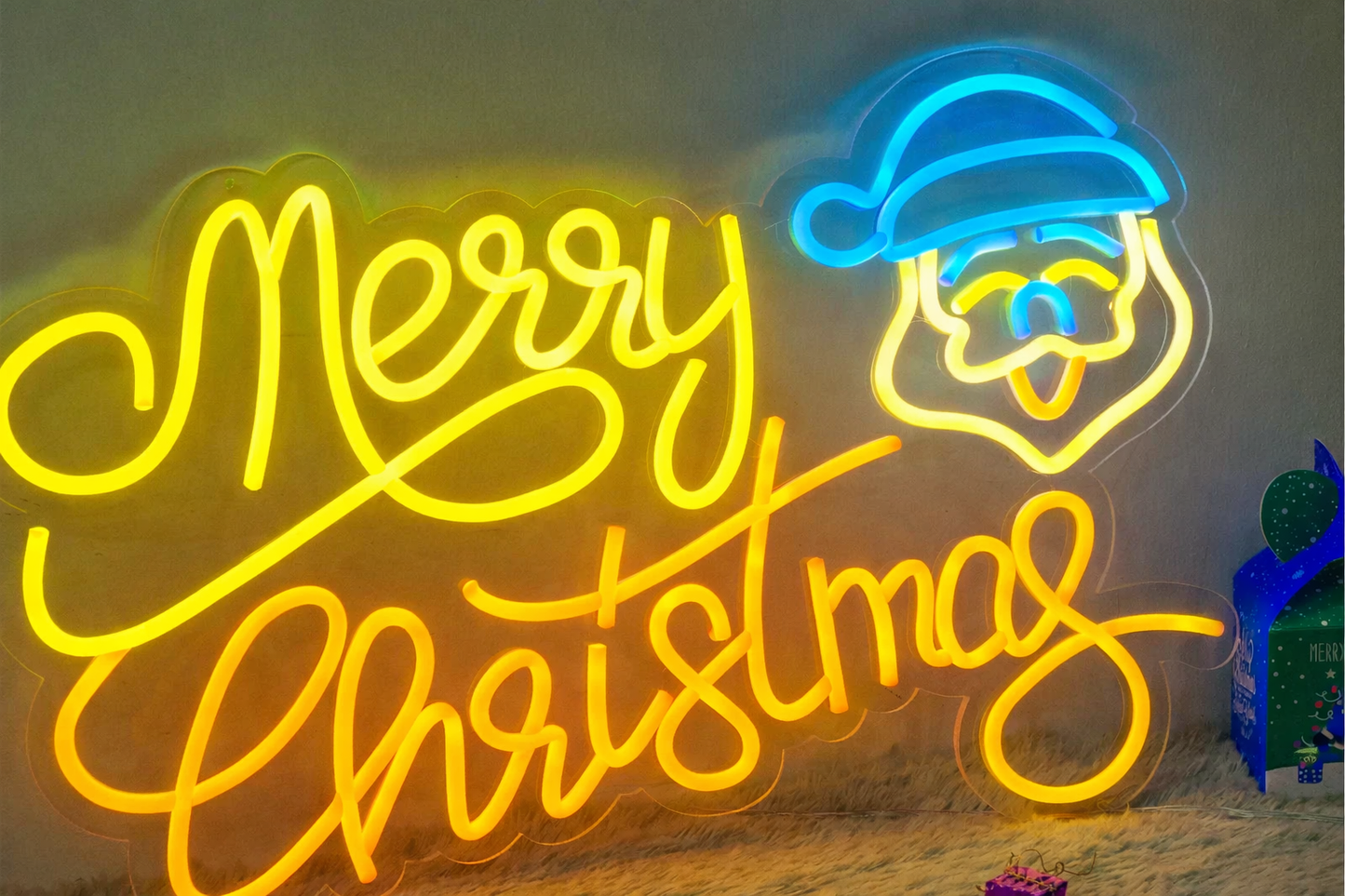 LED Merry Christmas Neon Sign with Santa Face in Red, Green and White