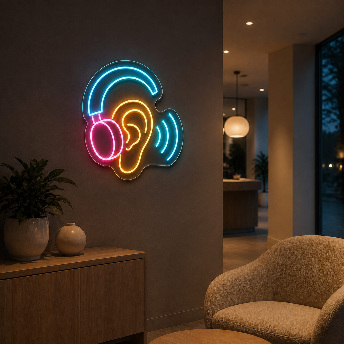 Ear & Headphones LED Neon Sign for Audiology Clinics - interior setting