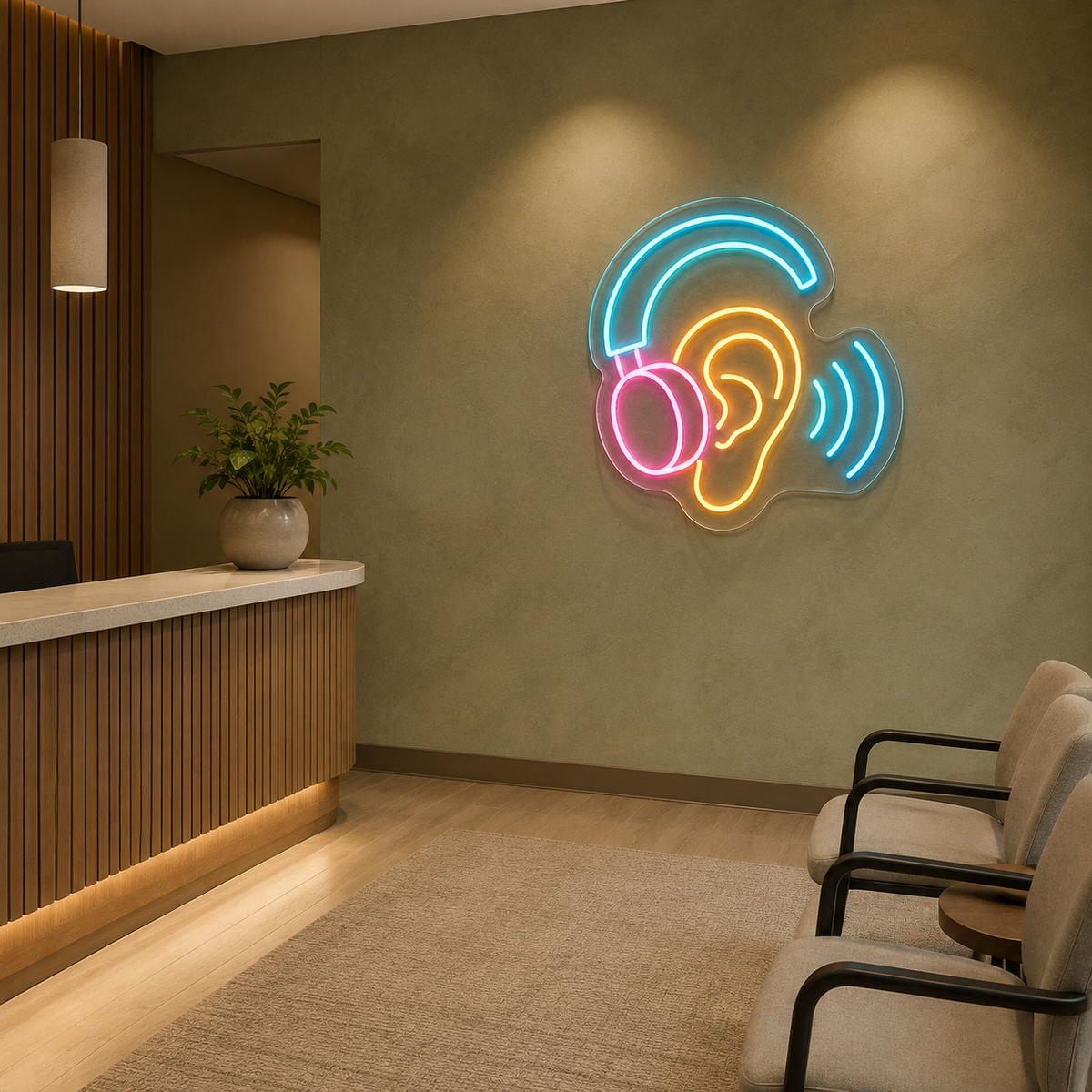 Ear & Headphones LED Neon Sign for Audiology Clinics - interior setting