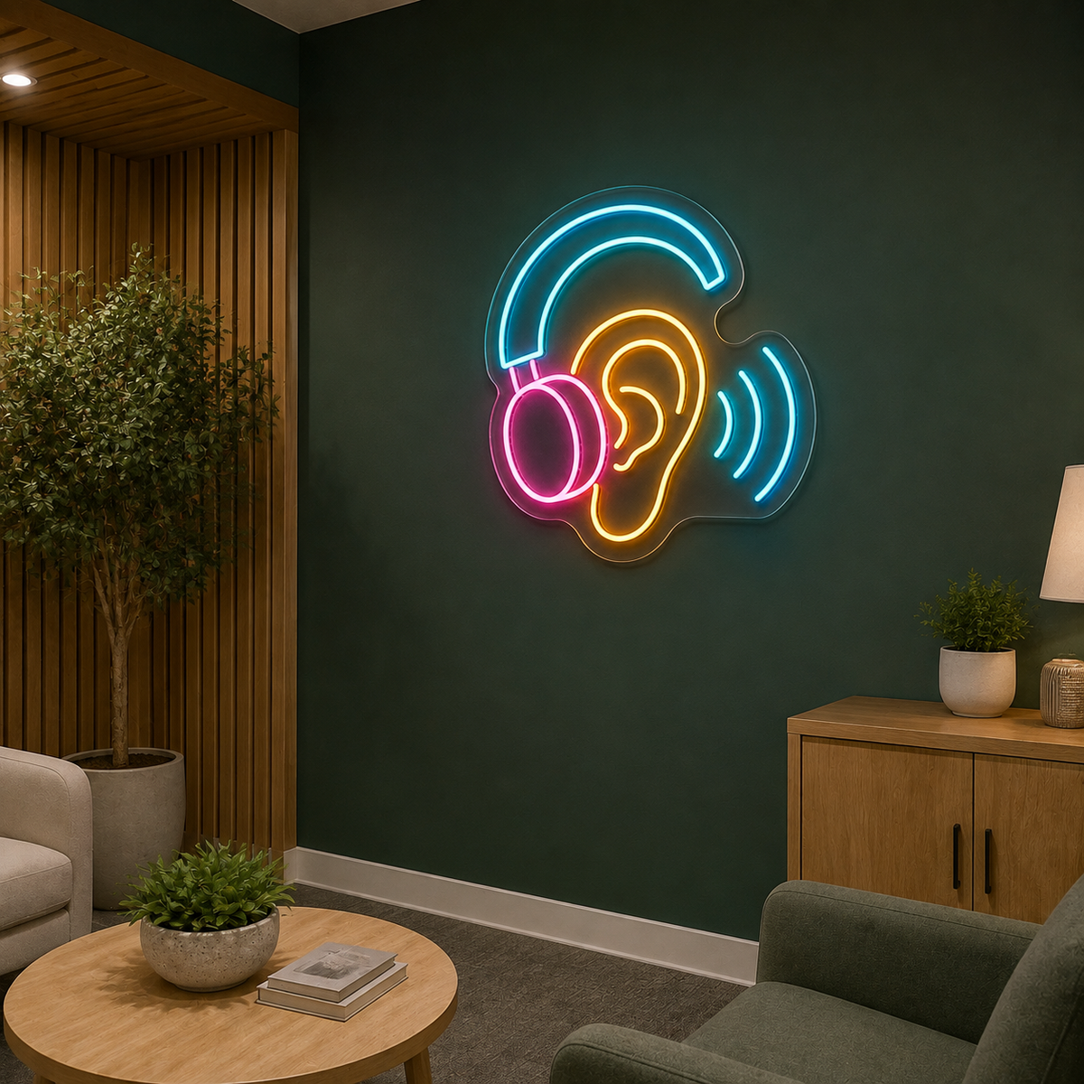 Ear & Headphones LED Neon Sign for Audiology Clinics - interior setting