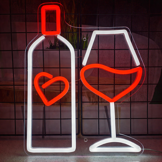 Wine Bottle & Glass Love LED Neon Sign Romantic Bar Neon Light for Home Bar Decor
