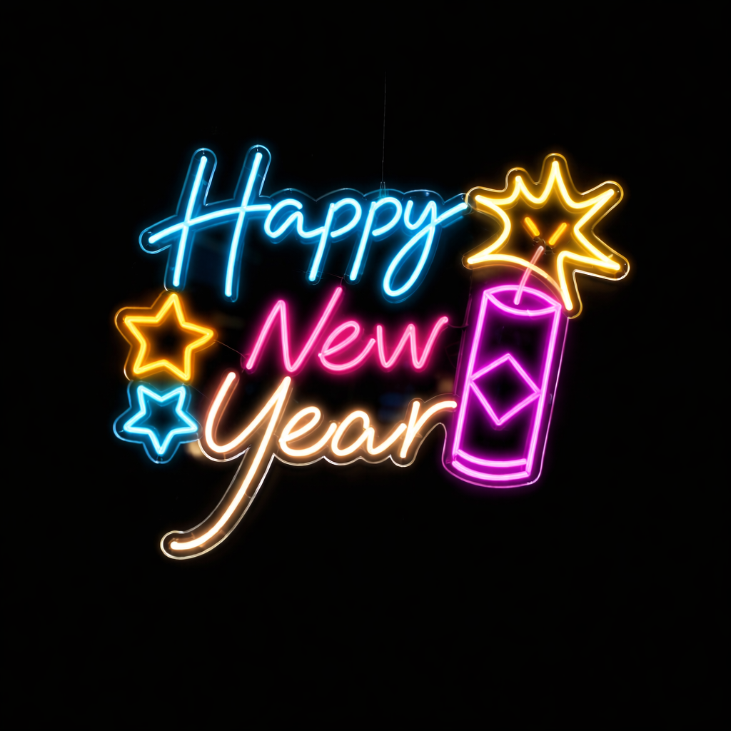 Happy New Year LED Neon Sign with Fireworks Party Decoration Light for Holiday Events