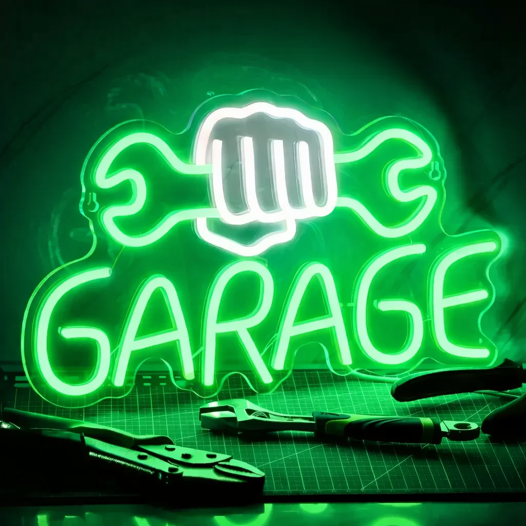 Garage Neon Sign with Fist and Wrench LED Light for Auto Repair Workshop Decor