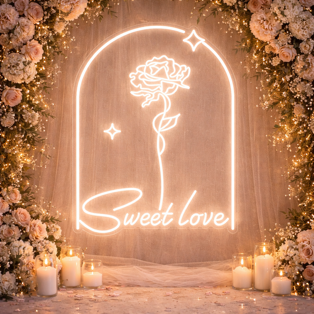Sweet Love Rose Arch LED Neon Sign Romantic Wedding Backdrop Light Blue & Warm White Neon Decor