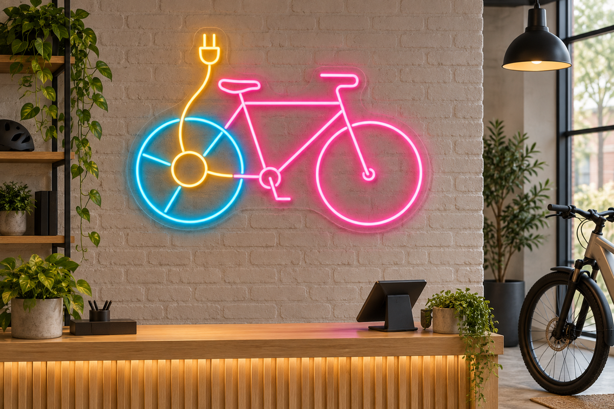 Electric Bicycle and Plug LED Neon Sign for E-Bike Shops - interior setting