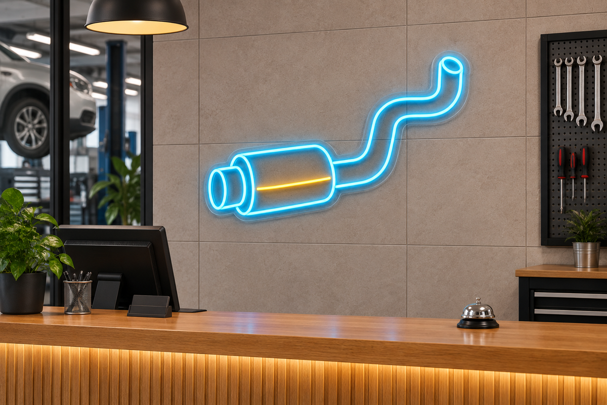 Exhaust Muffler and Pipe LED Neon Sign for Exhaust Shops - interior setting