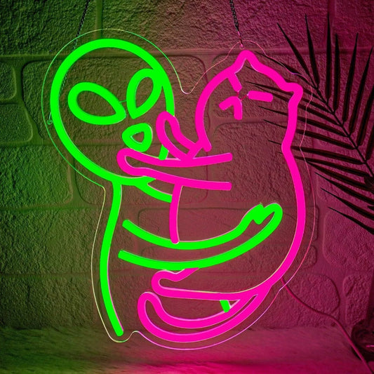 Alien Hug Cat LED Neon Sign Green Pink Funny Space Neon Light Wall Decor for Bedroom Game Room