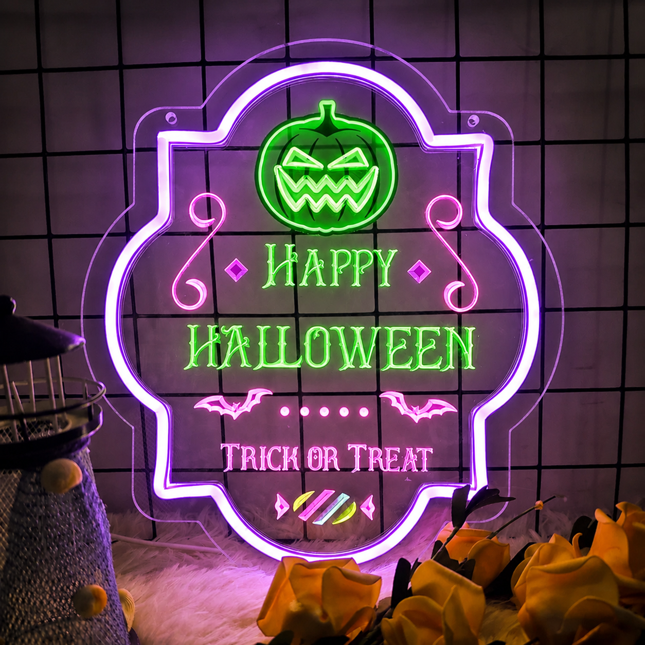 Happy Halloween LED Neon Sign Pumpkin Trick or Treat Neon Light Wall Decor for Party Room Bar Halloween Decoration