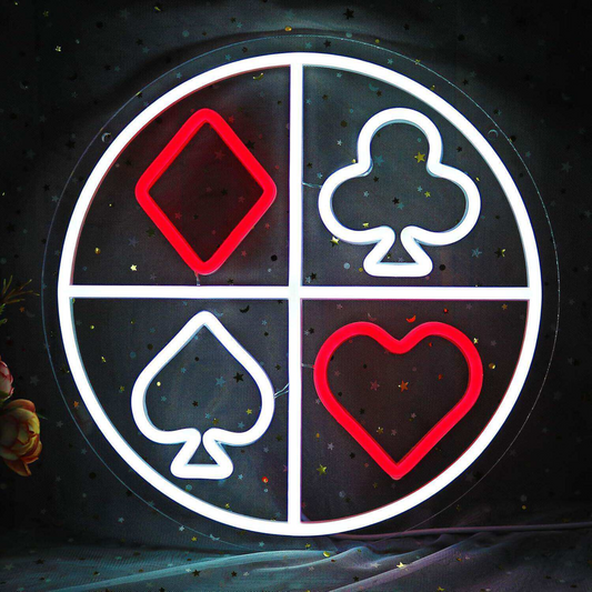 Poker Suits LED Neon Sign Round Playing Cards Wall Light for Game Room Bar Decor