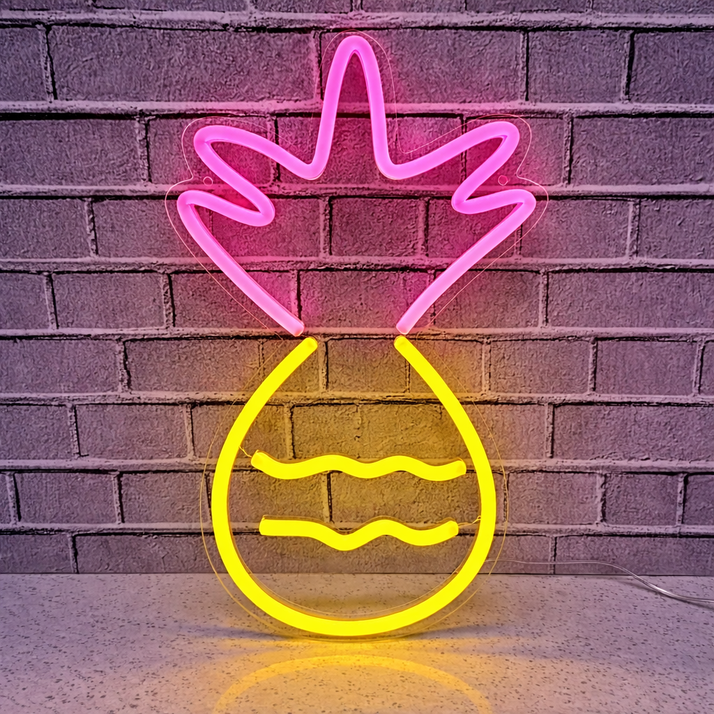Pineapple LED Neon Sign Yellow Fruit Neon Light with Green Leaves for Bar Kitchen Wall Decor