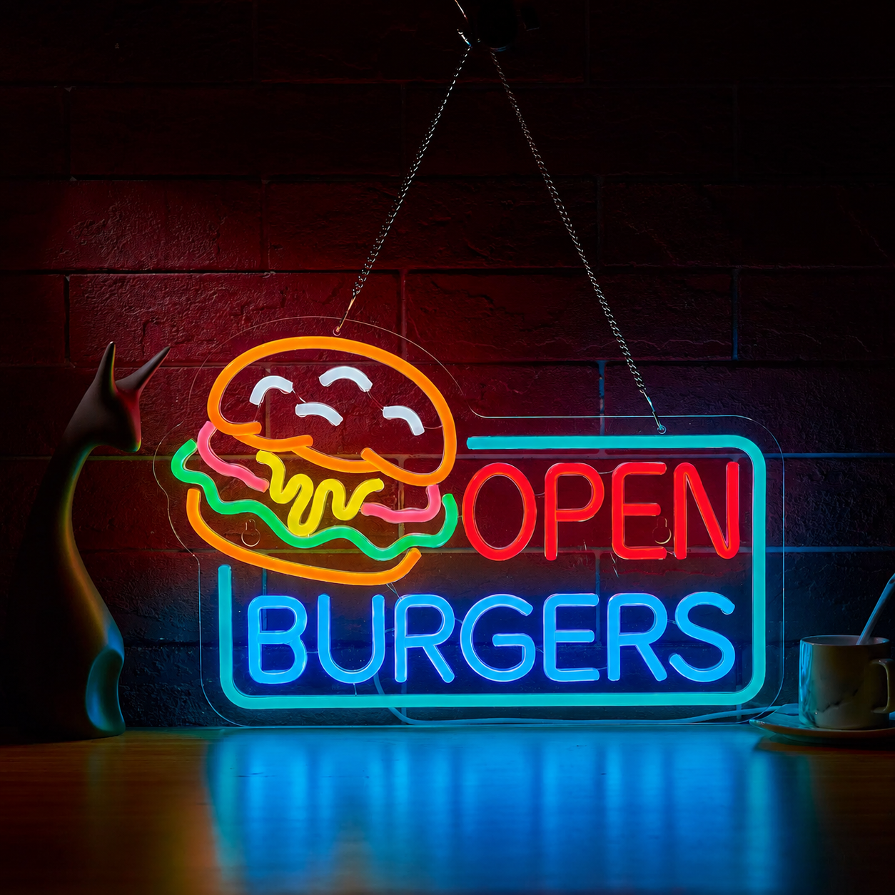 Open Burgers LED Neon Sign Hamburger Neon Light Wall Decor for Restaurant Cafe Fast Food Shop Bar